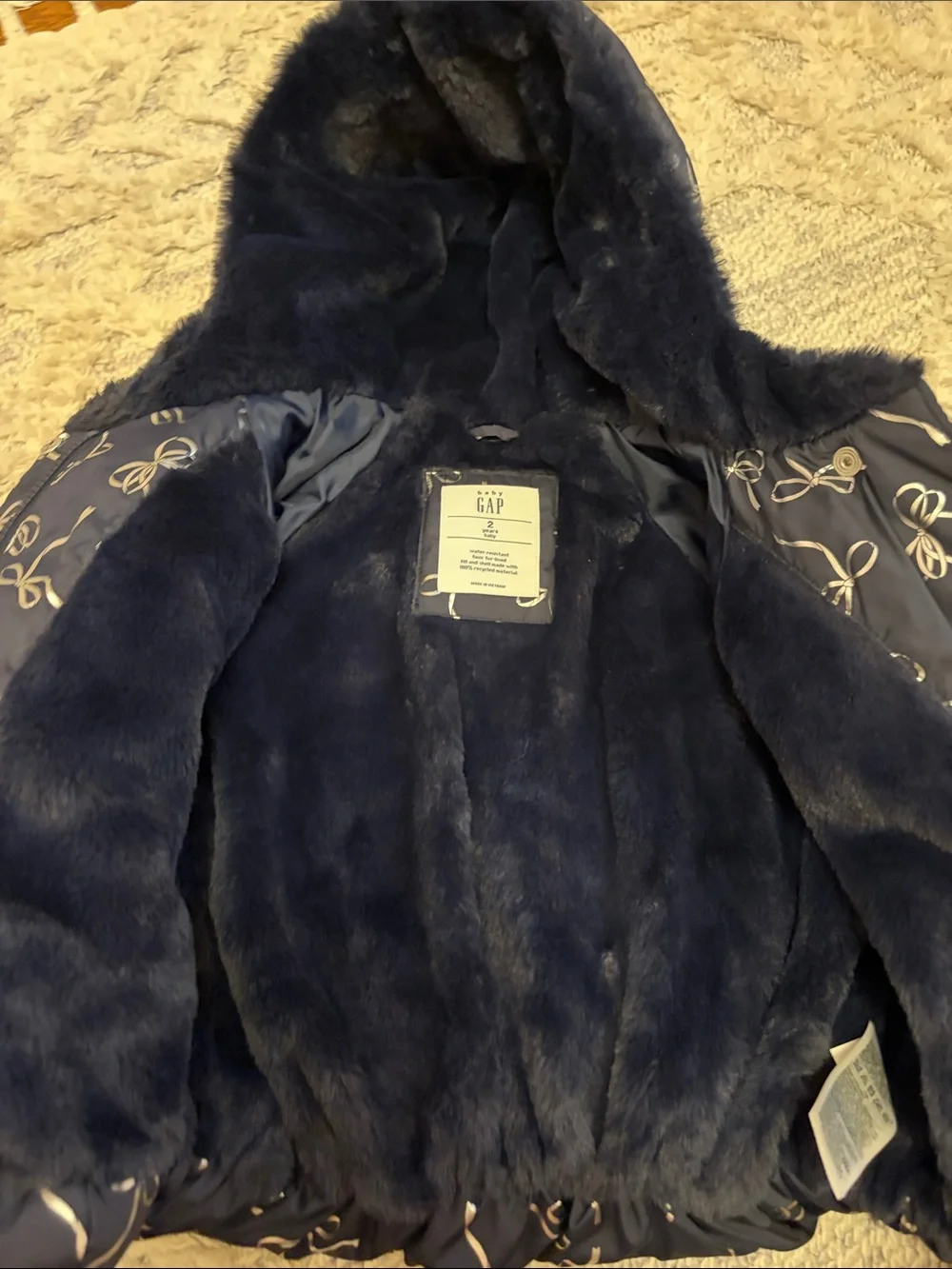 GAP Navy Bow-Print Hooded Puffer Coat